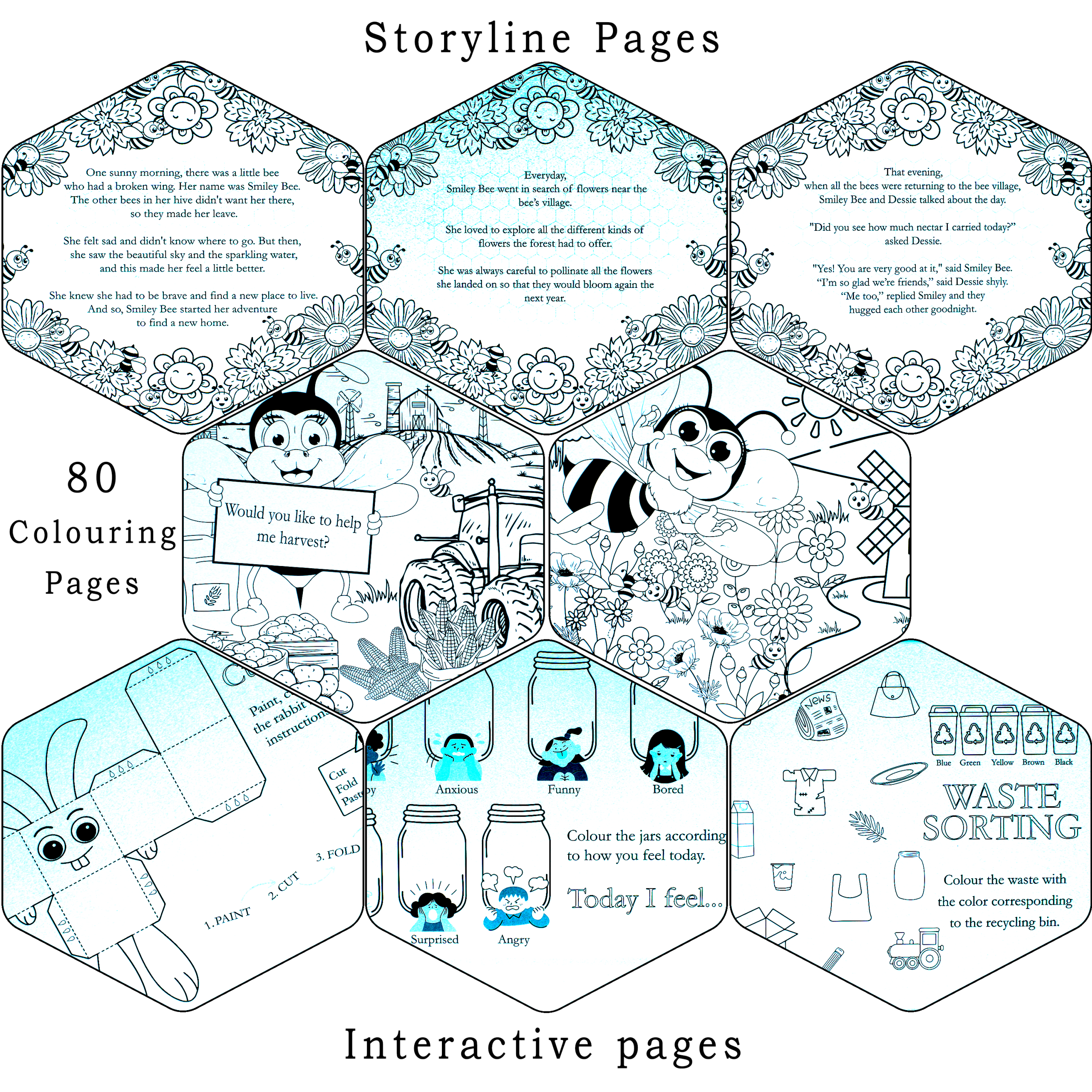 Colouring Book 3in1 for Kids A4 Thick Paper Detachable Sheets with Interactive Pages and Games Smiley Bee - Image 5